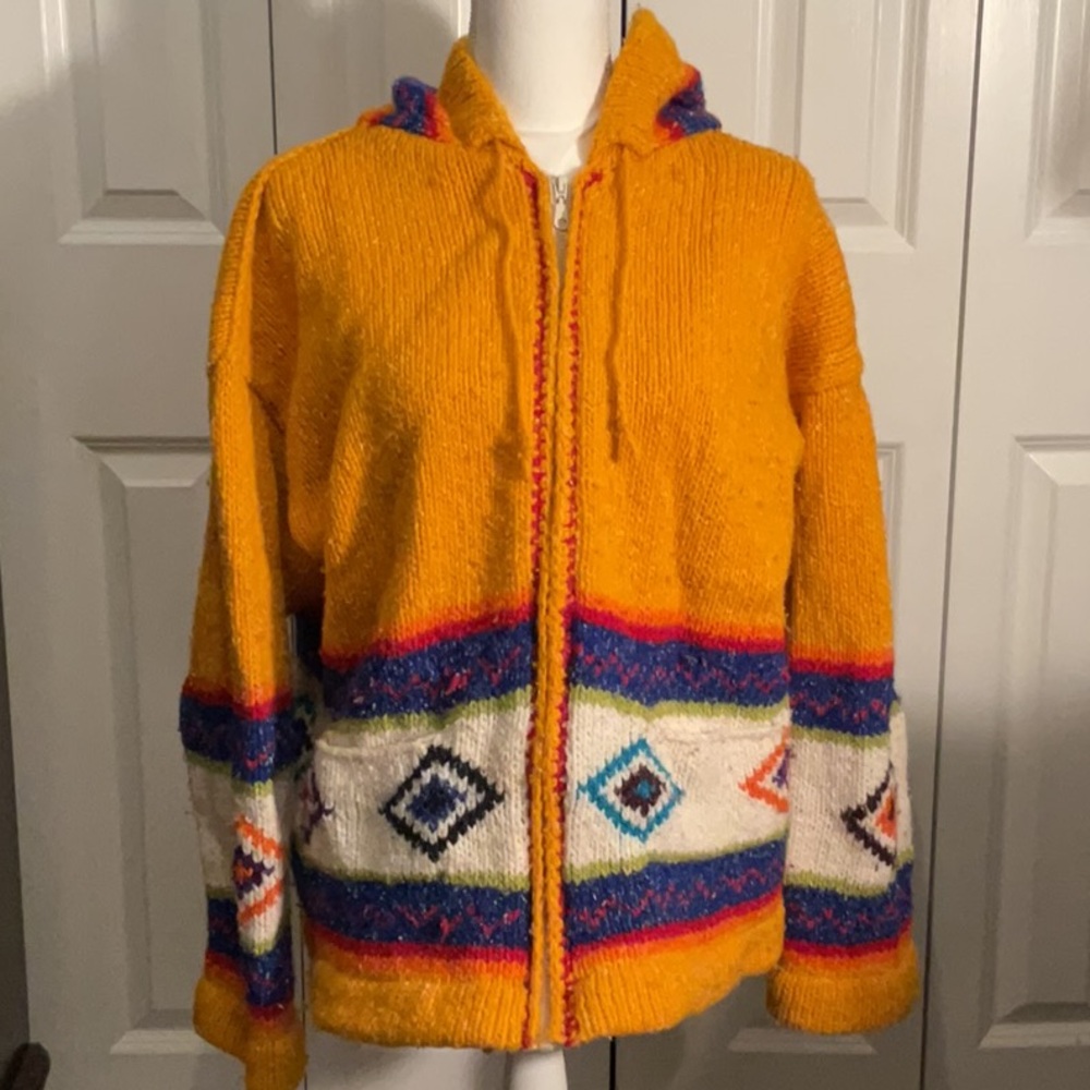 Cozy Mustard Yellow and Blue Geometric Sweater